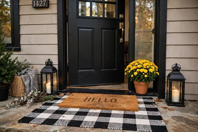 Fall home decor ideas with layered doormats at the entryway