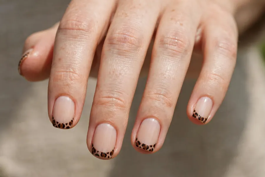 Leopard print tip short nail designs on real hands