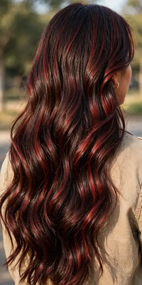 Long cherry cola brunette hair styled in soft glossy waves