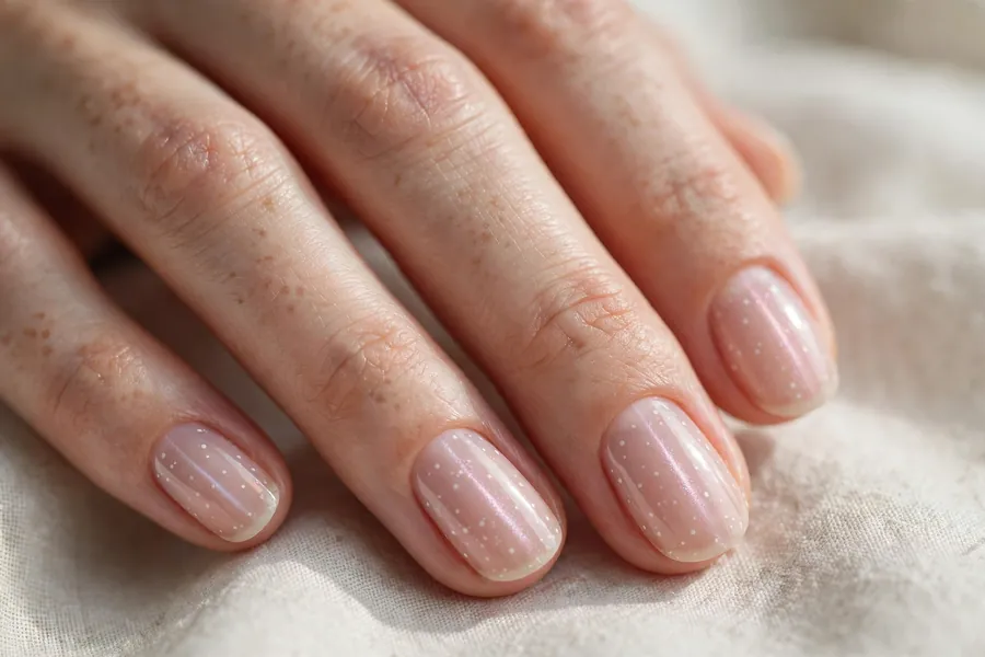 Minimalist nude polka dot cat eye nails with tiny micro dots