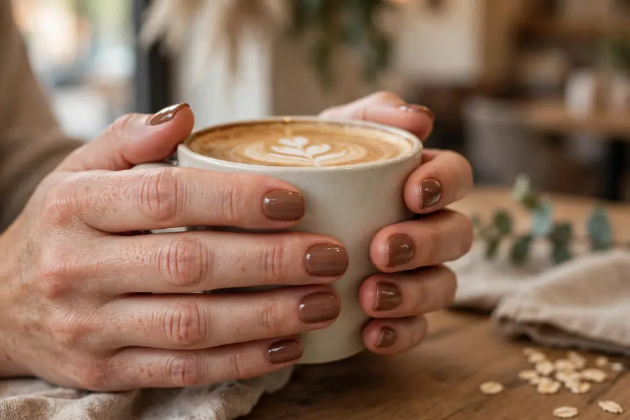 Mocha latte blend hot chocolate nails on real hands holding a coffee cup