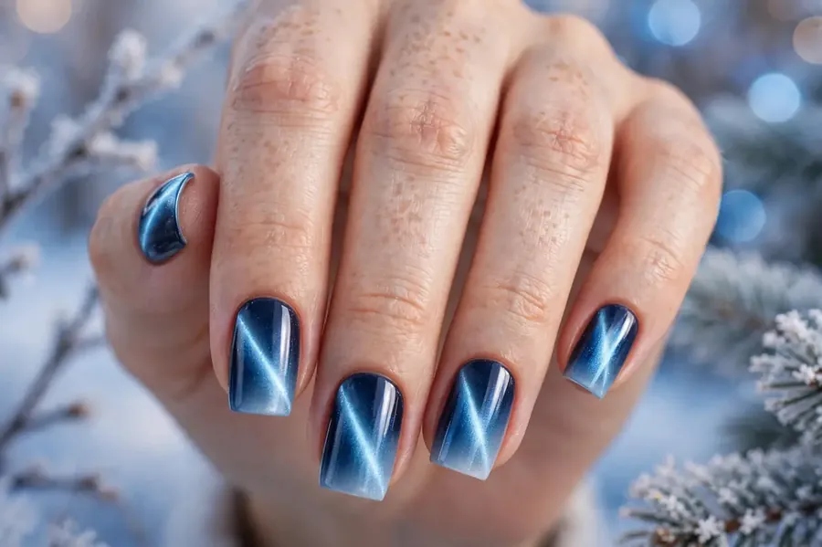 Square nails with navy-to-ice blue two tone cat eye nail polish, frosty magnetic band