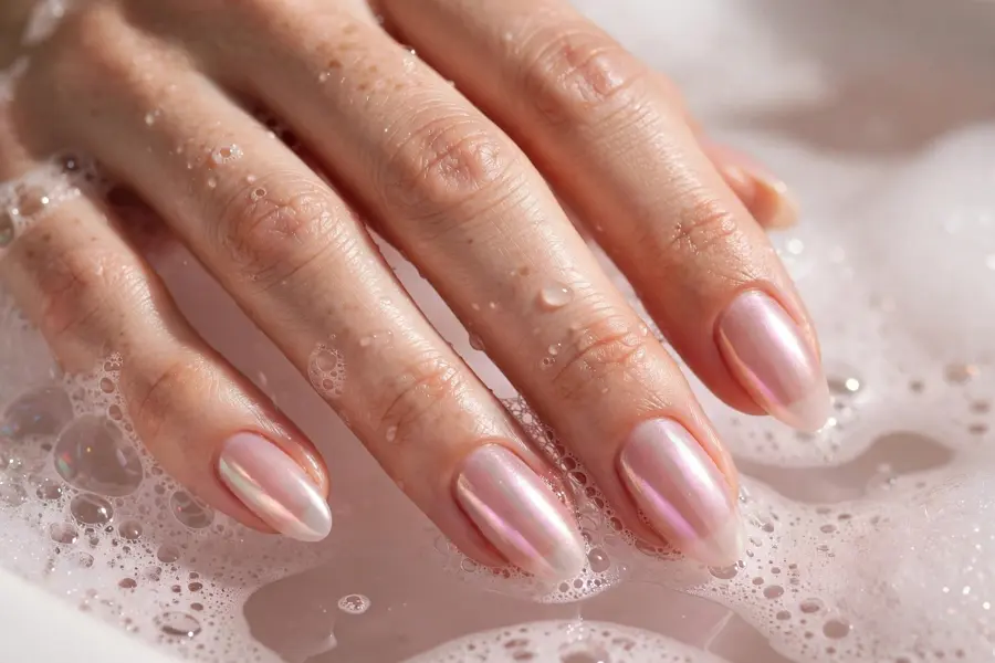 Pearl chrome bubble bath nails with glazed glow on real hands