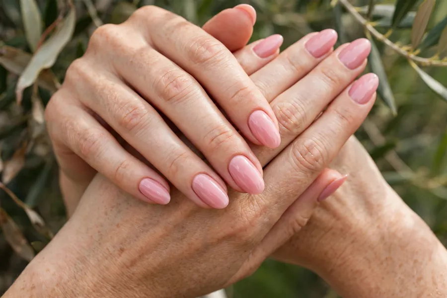Petal pink blush nails on real hands with a soft flower petal pink manicure