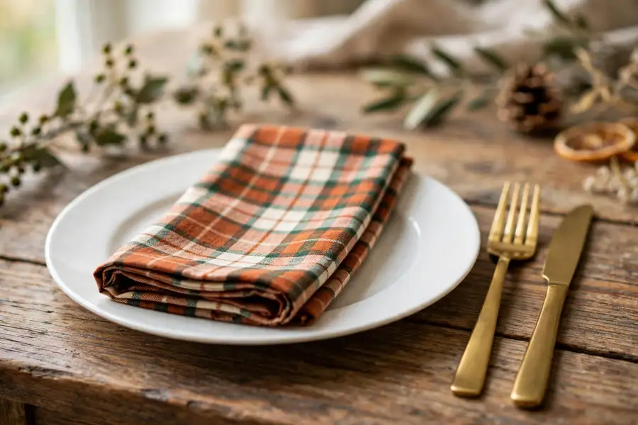 Farmhouse plaid cloth napkins folded on thanksgiving plates