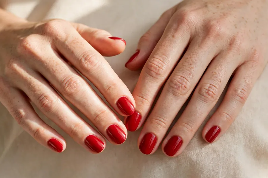 Polished true red round nails on real hands against a beige background