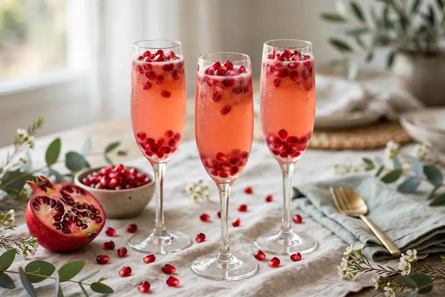 Pomegranate mimosas in champagne flutes with pomegranate seeds