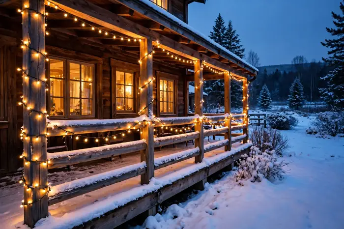 Photorealistic photograph of warm string lights wrapped along wooden porch railings on a winter evening