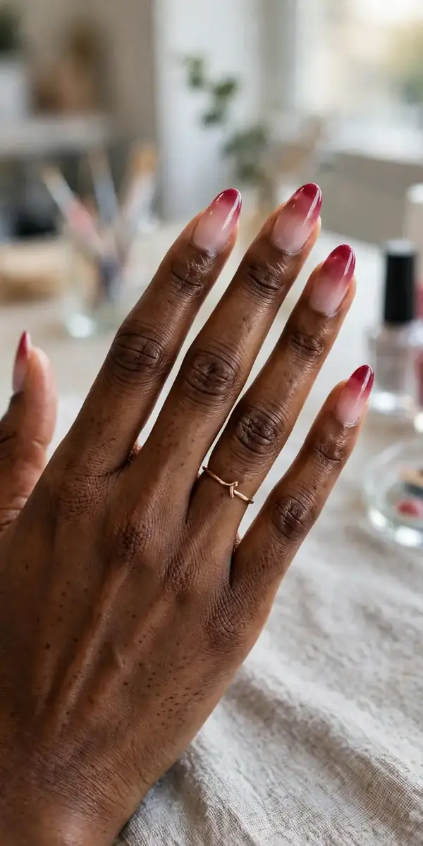 Raspberry jelly nails in an ombre fade from sheer pink to deep berry