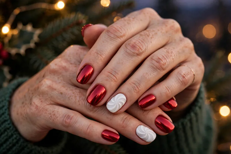 Red chrome candy nails with a mirror shine and white swirl accents on real hands