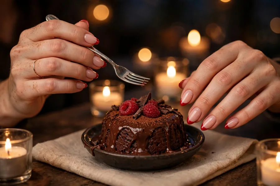 French manicure with red tips date night nails on real hands over a dessert