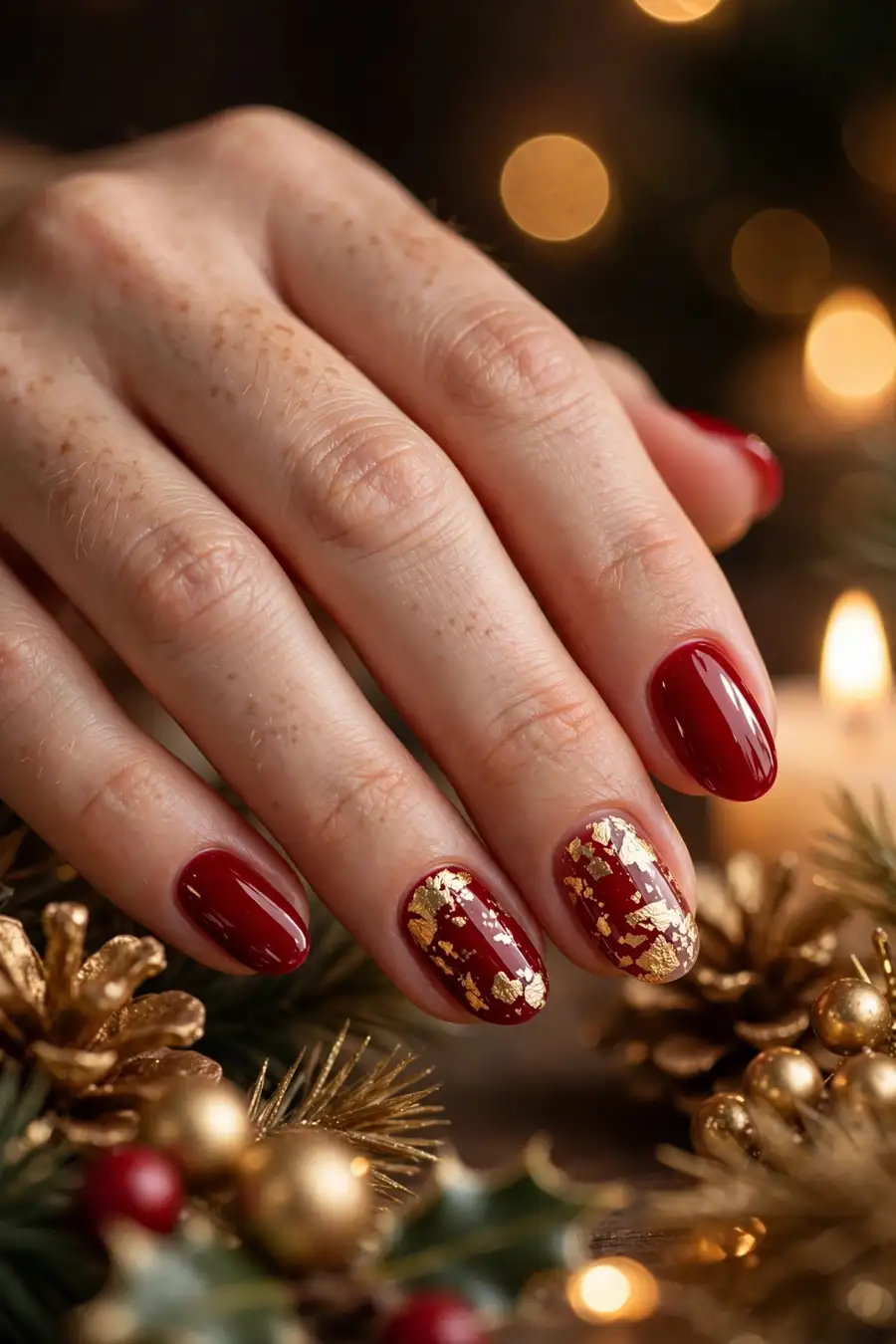 Classic red december nail ideas with gold foil flakes on a holly berry red base