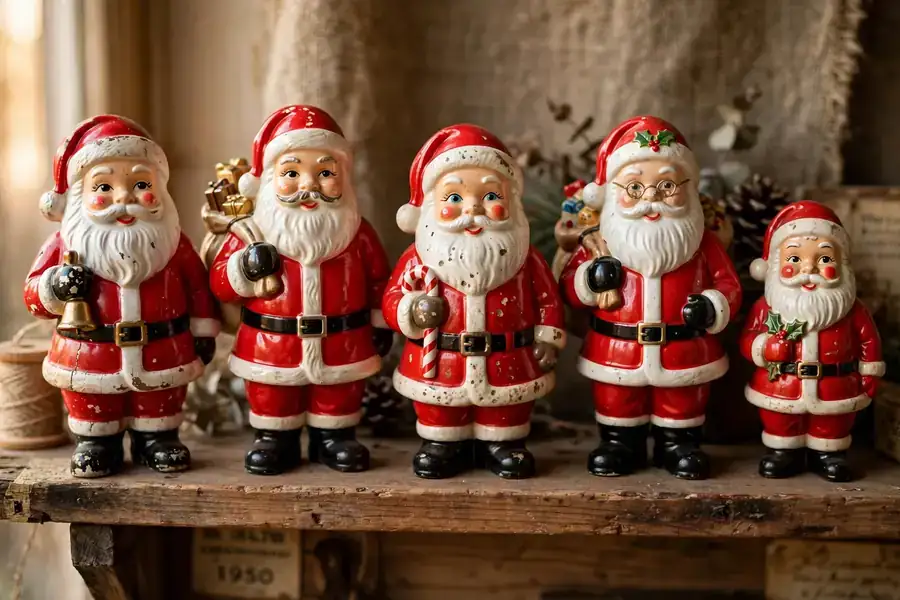 Row of vintage ceramic Santa Claus figurines from the 1950s on a wooden shelf