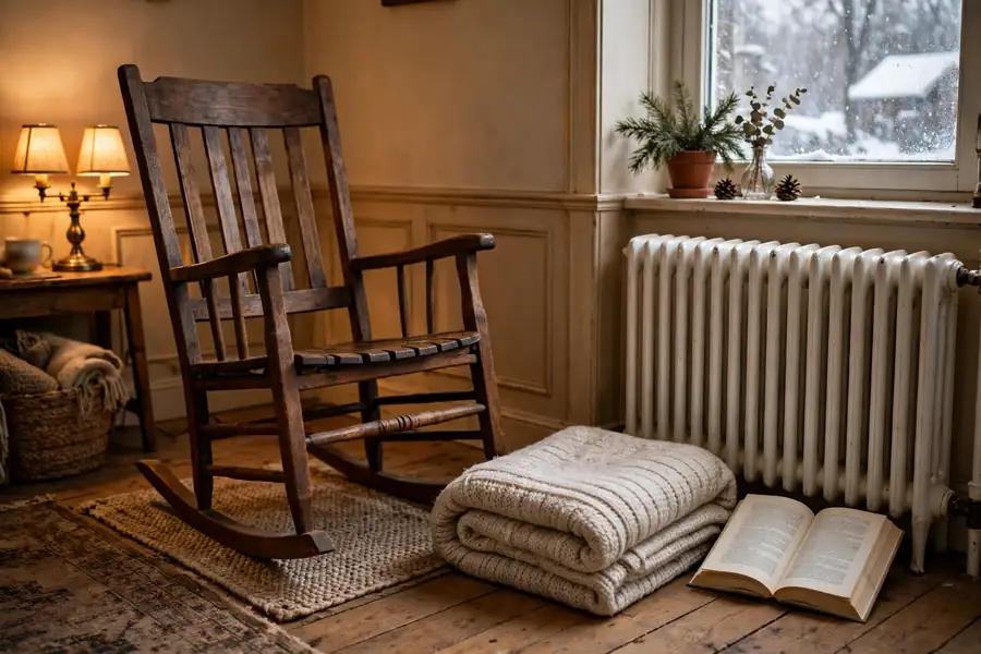 Wooden rocking chair with a blanket and book beside a heater in a cozy winter corner