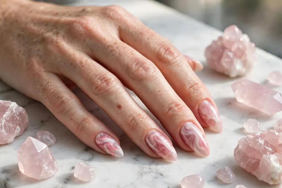 Rose quartz marble Valentine's Day nails in pink and white