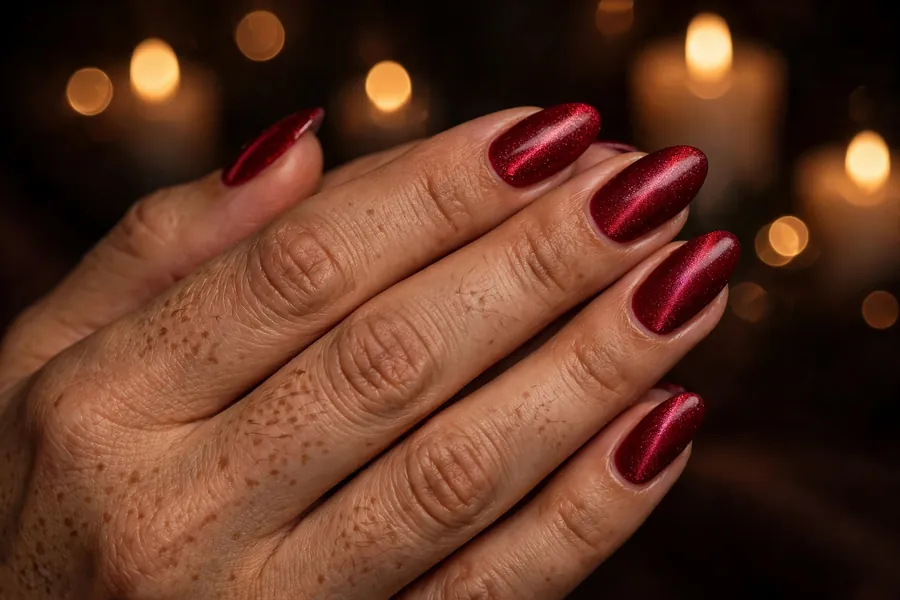 Ruby red velvet nails glowing with plush shimmer on real hands