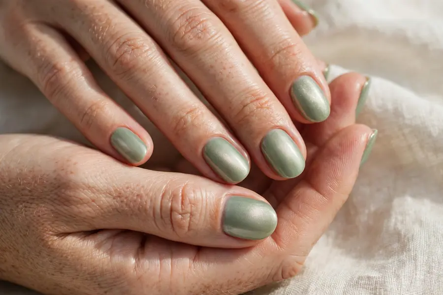 Sage green nails with a soft pearl shimmer finish
