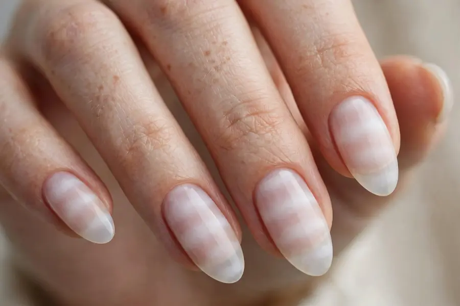 Sheer milky white striped almond nails on real hands