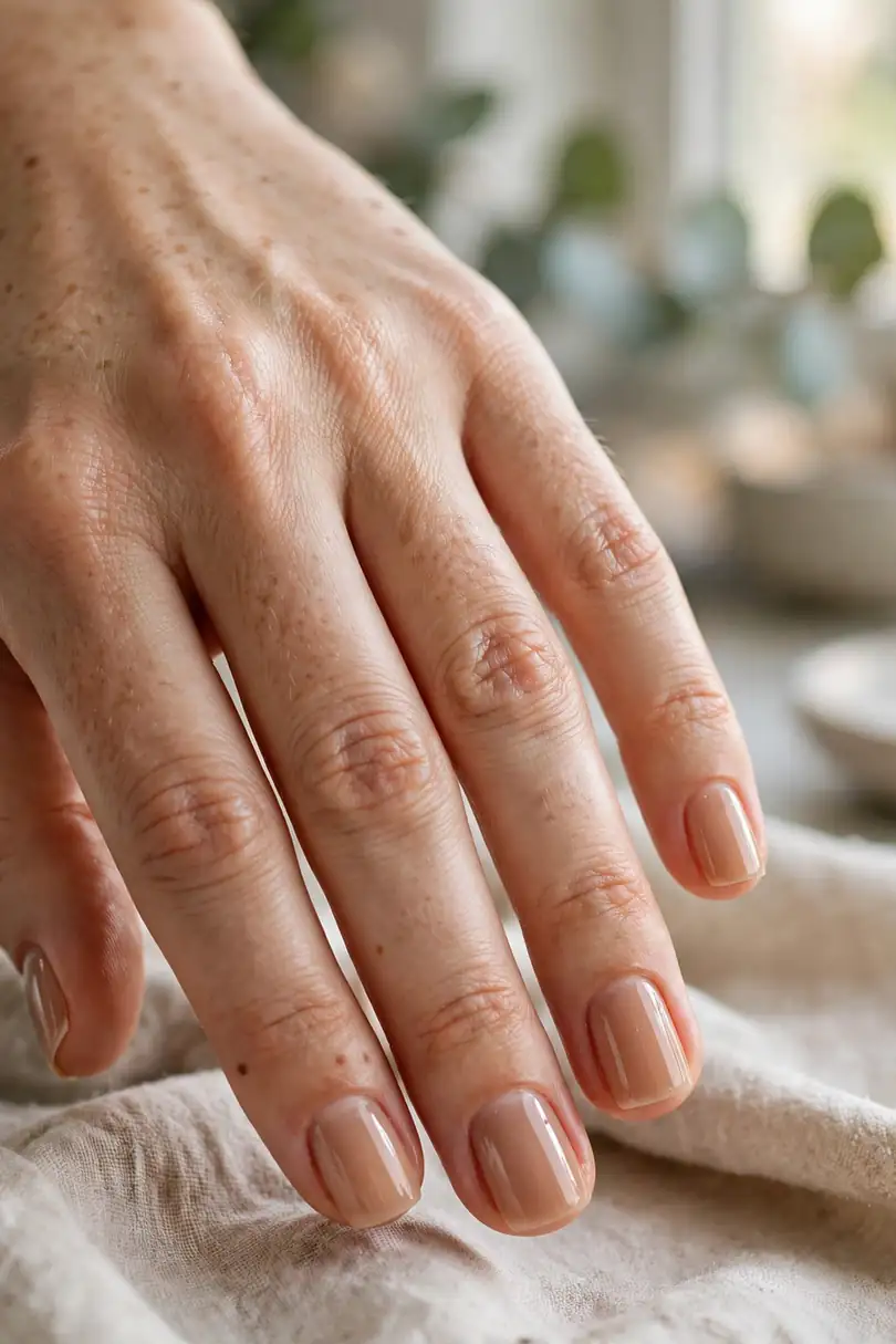 Short square caramel nude nails, neat everyday manicure