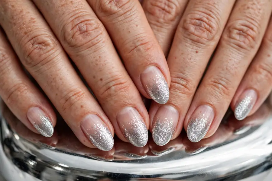 Silver glitter gradient chrome nails on real hands with a sparkly background