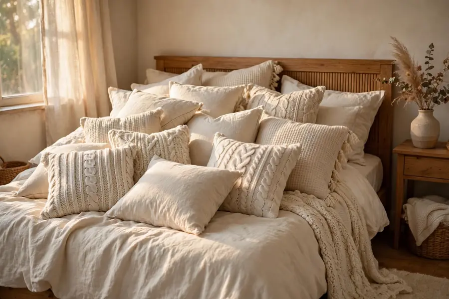 bed piled with soft pillows in cream linen and knit textures