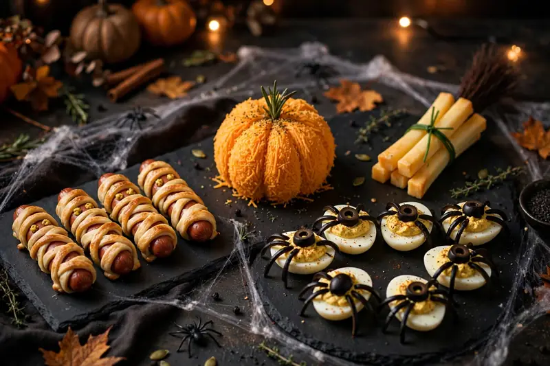 Halloween appetizer spread with mummy hot dogs, spider deviled eggs and pumpkin cheese ball