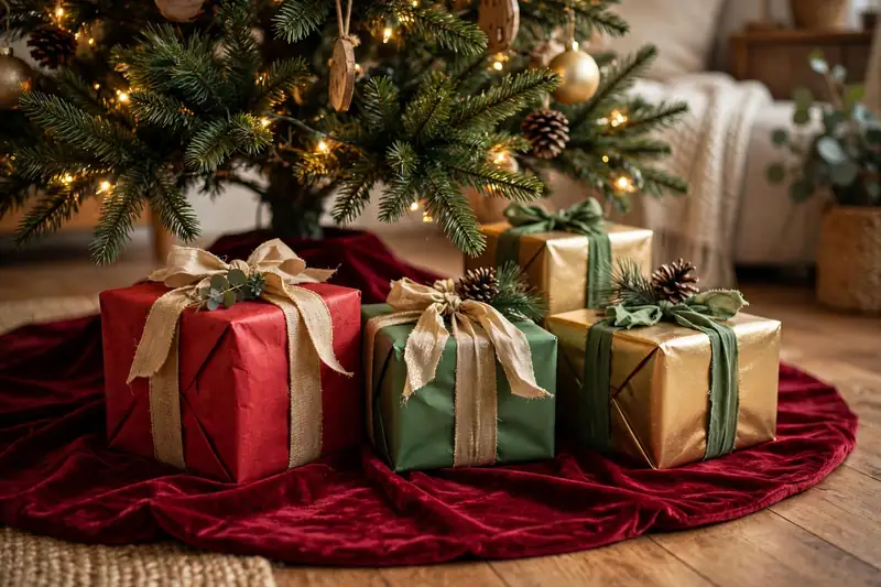 Wrapped Christmas gifts in red, green and gold paper under a tree with a velvet tree skirt