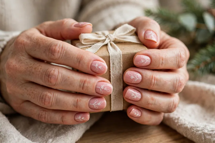 White mistletoe outline on blush pink mistletoe nails on real hands holding a gift box