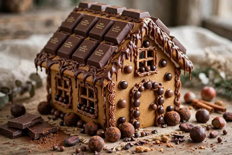 Photorealistic photograph of a gingerbread house decorated with chocolate bars, chocolate candies and cocoa icing