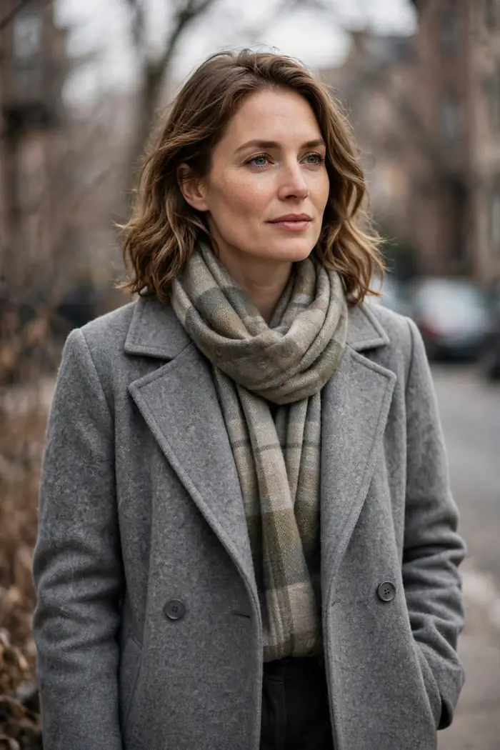 Woman in a grey wool coat with a muted plaid scarf and dark trousers