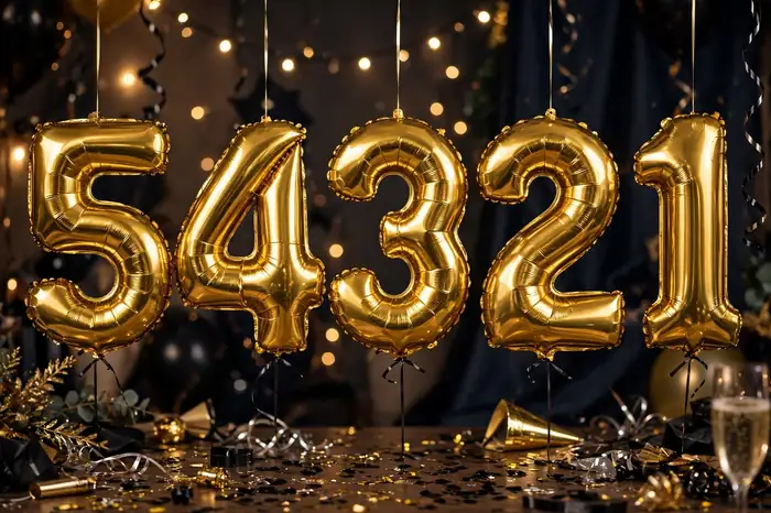 Countdown balloon numbers in gold foil at a New Year's Eve party