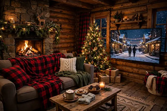 Cabin style living room with wooden decor, plaid blankets and a Christmas movie on screen