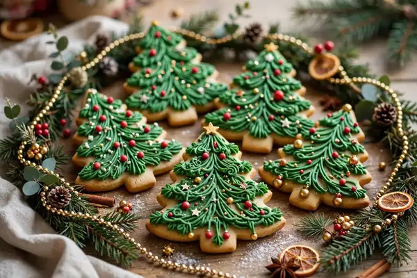 Christmas tree cookies with green icing, garlands and tiny ornaments