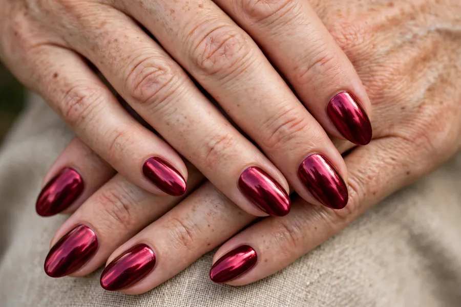 Cranberry chrome nails with metallic shine