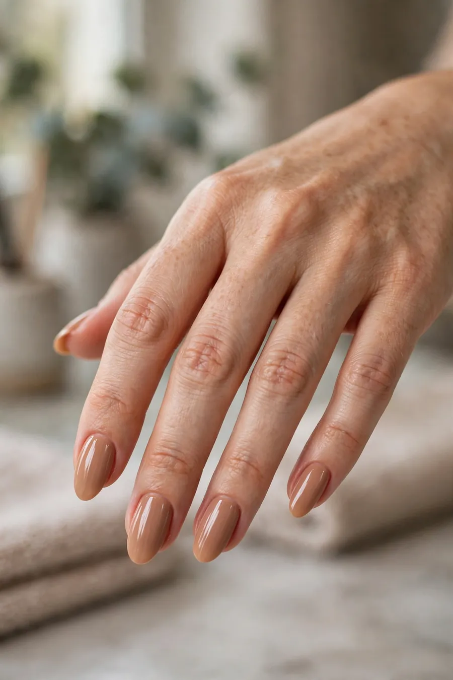 Silky caramel nude nails on medium almond nails with a soft sheen