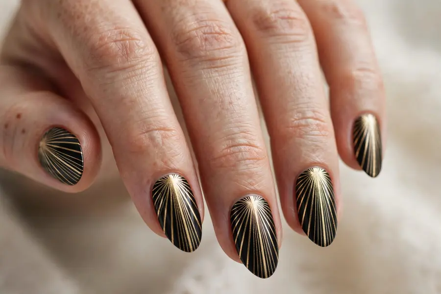 Art deco black and gold fan striped almond nails on real hands