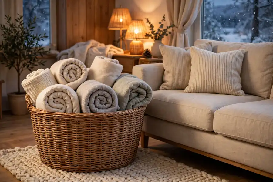 woven basket full of folded blankets beside a living room sofa