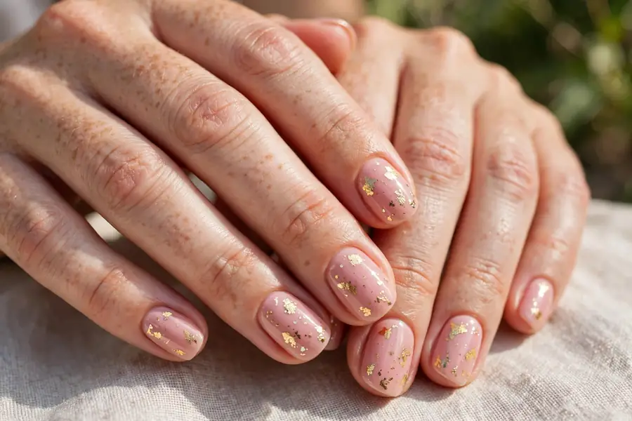 Blush nails with gold foil accents on real hands