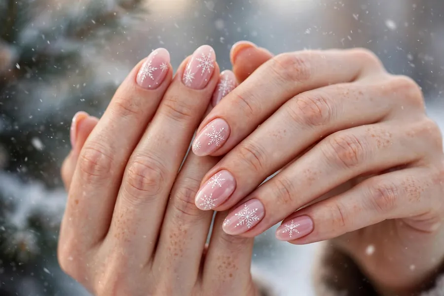Soft blush pink nails with delicate white snowflake nail art on real hands