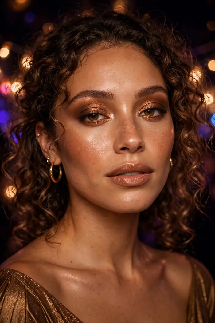 Woman with a bronze goddess makeup look, warm bronze eyeshadow and glowing skin