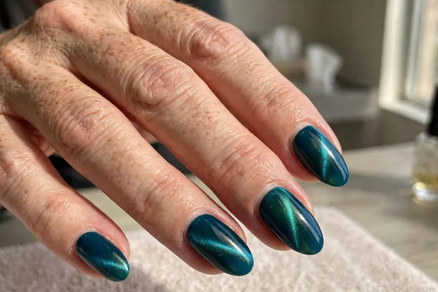 Teal magnetic cat-eye nails