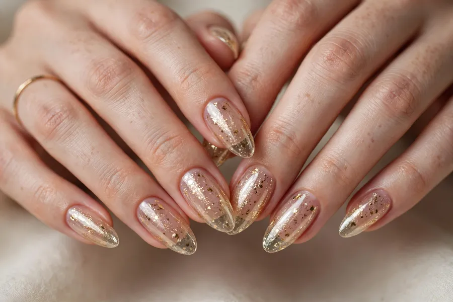 Champagne gold shimmer glass nails on real hands