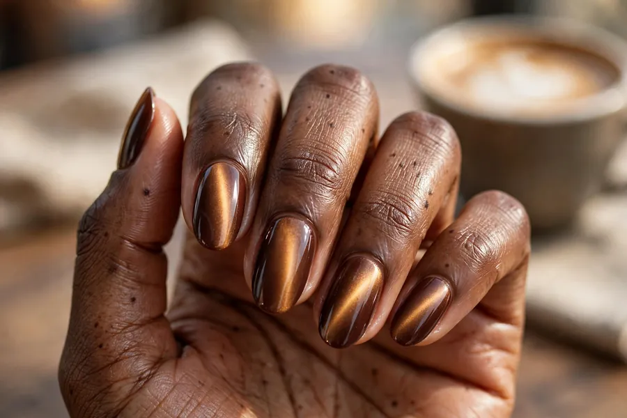 Oval nails with chocolate-to-caramel two tone cat eye nail polish, glossy dessert-like shine