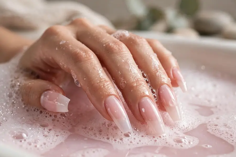 Long coffin bubble bath nails in sheer pink on real hands