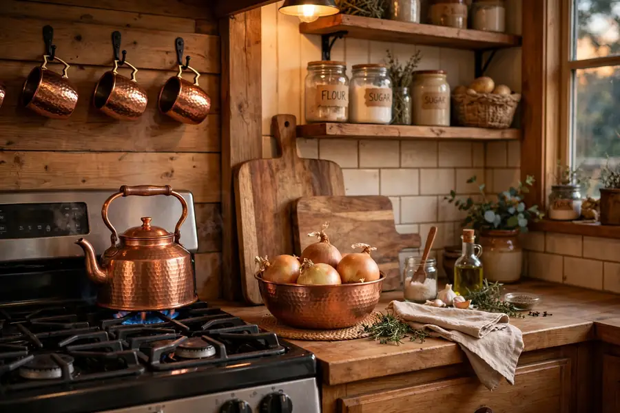 Fall home decor ideas with warm copper accents in the kitchen