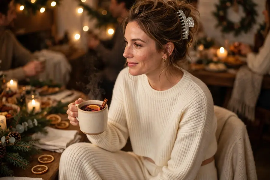 Ivory matching knit set with wide-leg pants worn at a casual holiday gathering