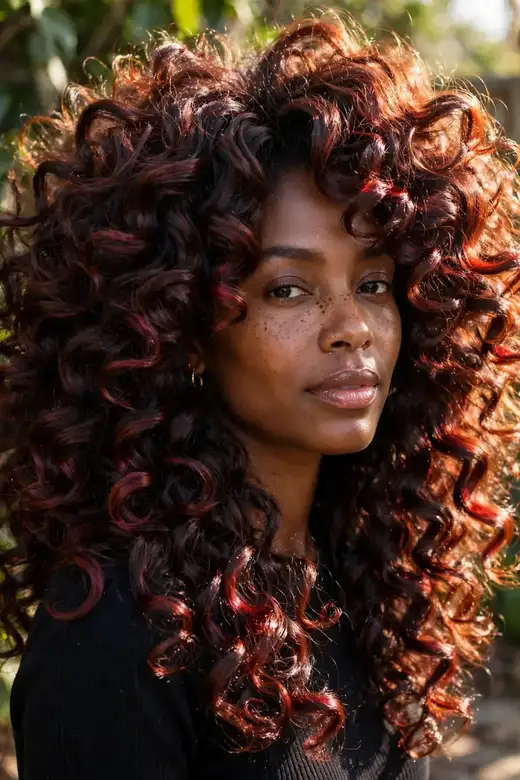 Cherry cola brunette on voluminous natural curly hair