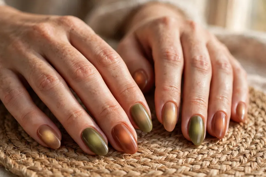 Earthy aura nails in olive terracotta and sand on real hands