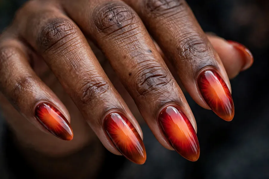 Ember flame aura nails with smoldering red and burnt orange gradients