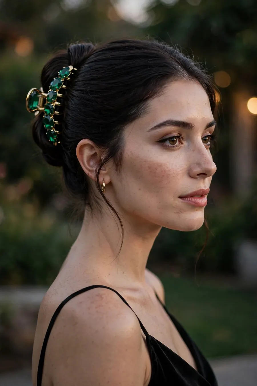 French twist held by an emerald gem claw clip